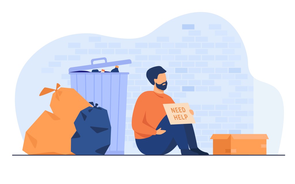 Homeless dirty man sitting on ground with nameplate need help isolated flat vector illustration. Cartoon desperate poor person sitting on street near trash. Charity and unemployment concept